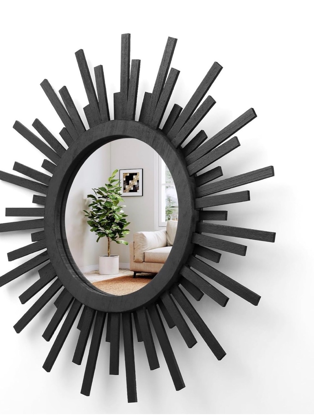 24 Inch Boho Sunburst Mirror, Round Wooden Wall Decor Starburst Sun Mirror